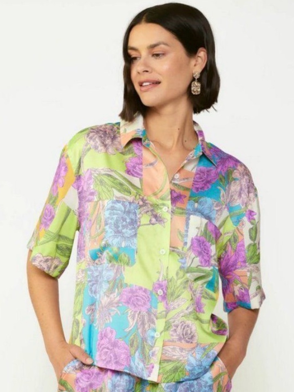 Current Air Patchwork-Print Colorblock Floral Satin Button Down Shirt Sz S